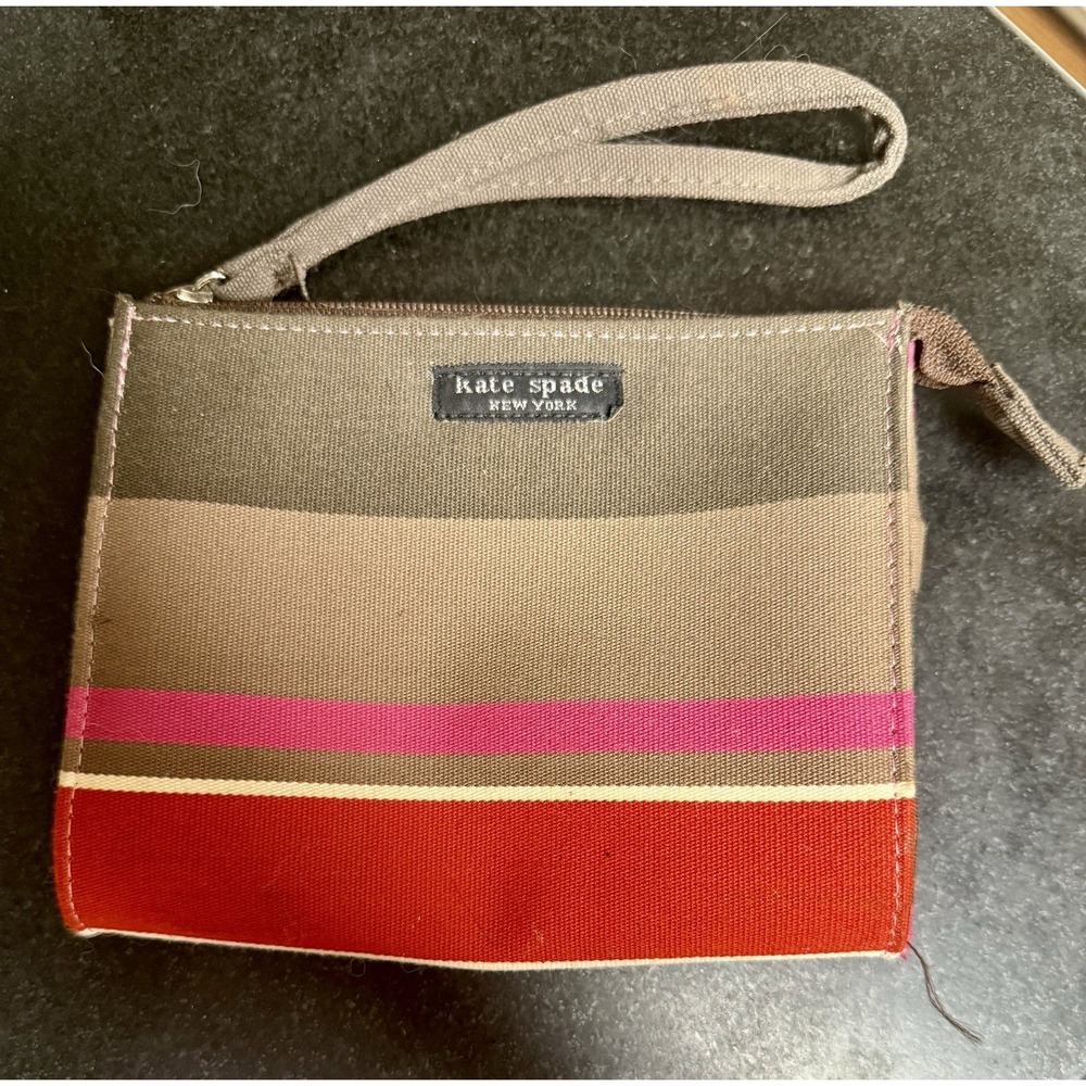 Kate Spade New York Striped Canvas Wristlet Clutch Pouch Beige Pink Red Vintage